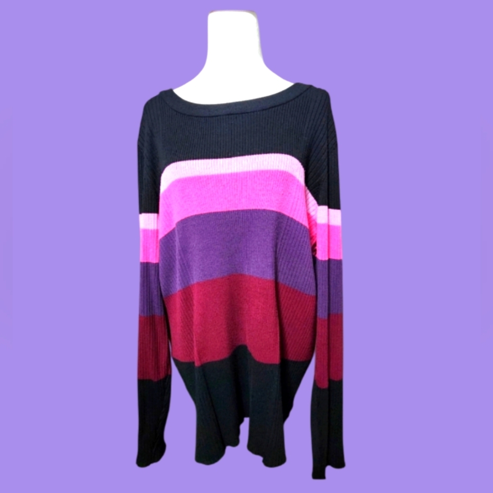 Lane Bryant Striped Long Sleeve Crew Neck Sweater 26/28 (4X) Black, Pink